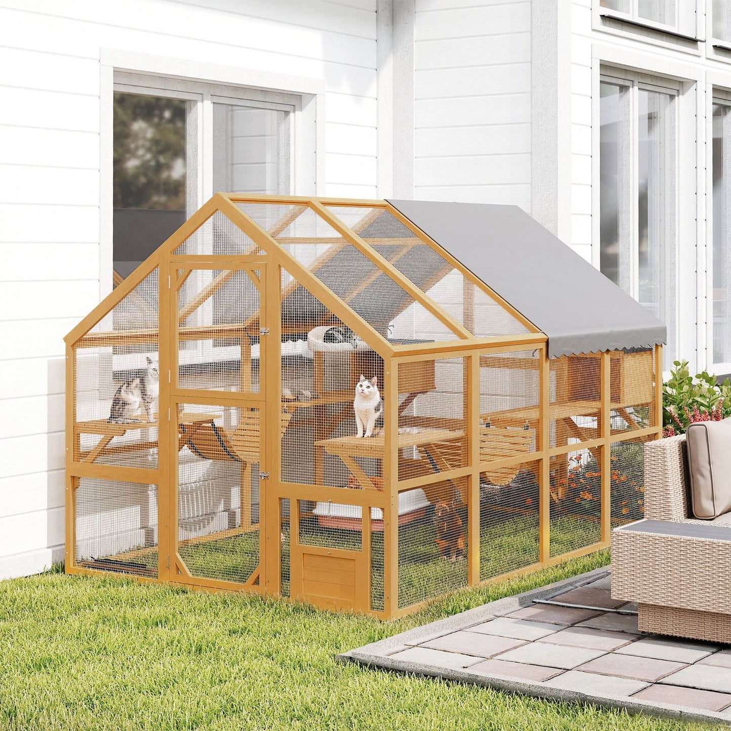 Large Outdoor Catio – Spacious Wooden Cat Enclosure with Waterproof Roof & Multi-Level Play Areas