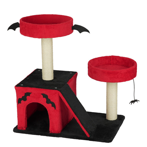 Gothic Cat Tree – Halloween Cat Tower with Condo, Perches, Spider Toy & Scratching Posts (Red & Black) Red and black