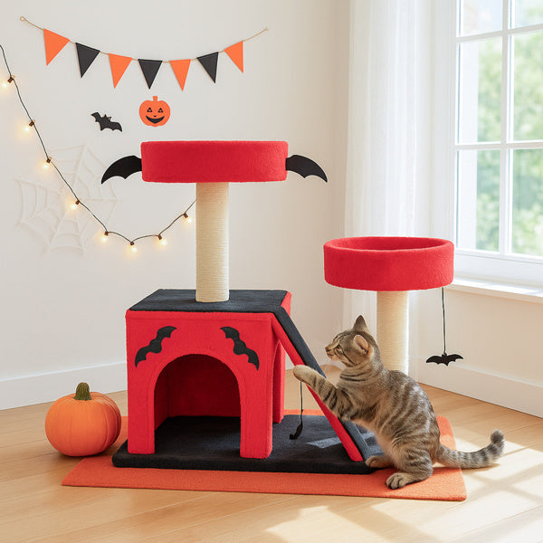 Gothic Cat Tree – Halloween Cat Tower with Condo, Perches, Spider Toy & Scratching Posts (Red & Black)