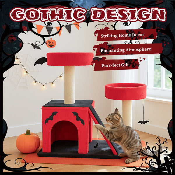 Gothic Cat Tree – Halloween Cat Tower with Condo, Perches, Spider Toy & Scratching Posts (Red & Black)