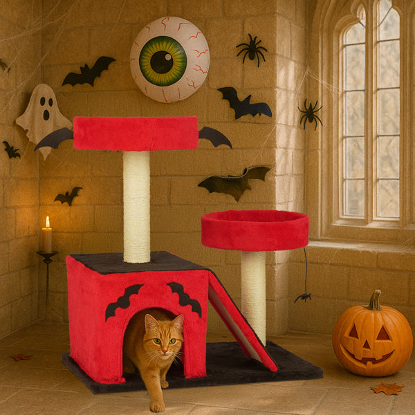 Gothic Cat Tree – Halloween Cat Tower with Condo, Perches, Spider Toy & Scratching Posts (Red & Black)