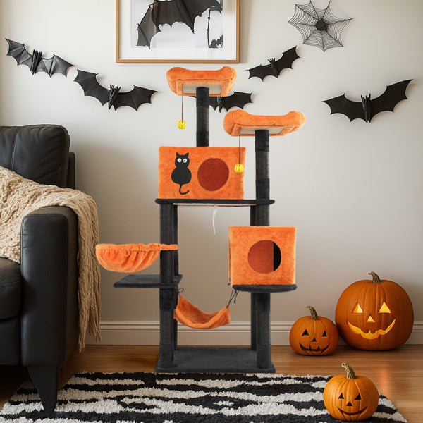 Halloween Cat Tree – Multi-Level Cat Tower with Condos, Hammocks & Scratching Posts for Large Cats