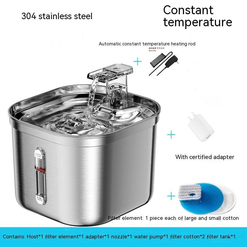 Smart Stainless Steel Pet Water Fountain – 2.2L, Sensor Activated, Thermostatic, Ultra-Quiet Dispenser for Cats & Dogs Constant Temperature American Standard Adapter