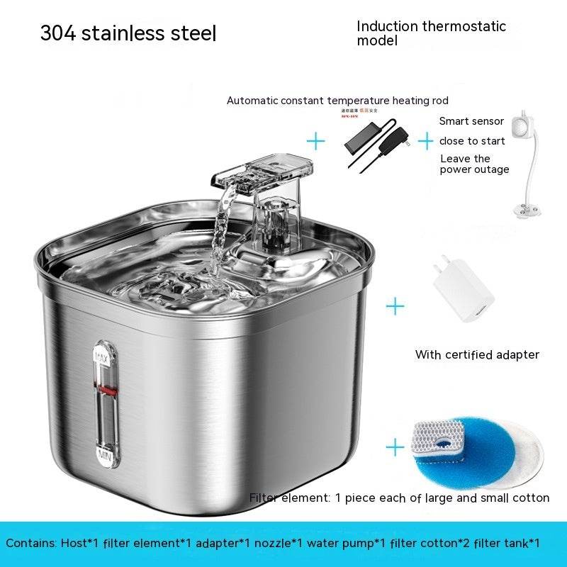 Smart Stainless Steel Pet Water Fountain – 2.2L, Sensor Activated, Thermostatic, Ultra-Quiet Dispenser for Cats & Dogs Induction Constant Temperature American Standard Adapter