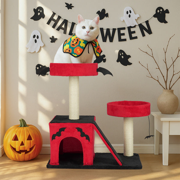 Gothic Cat Tree – Halloween Cat Tower with Condo, Perches, Spider Toy & Scratching Posts (Red & Black)