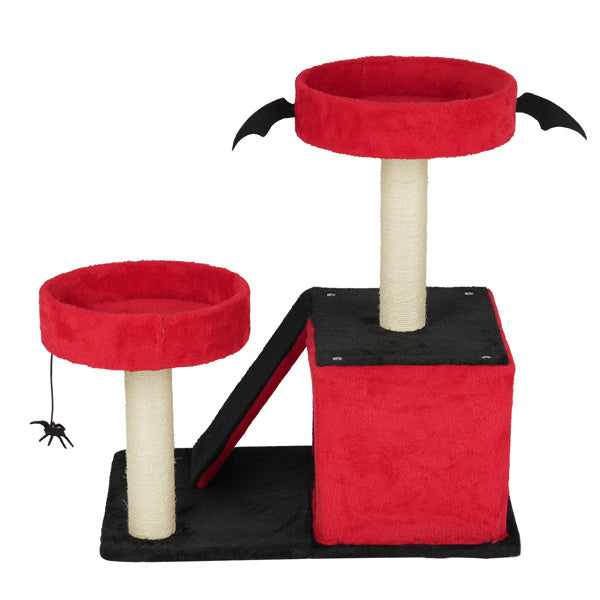 Gothic Cat Tree – Halloween Cat Tower with Condo, Perches, Spider Toy & Scratching Posts (Red & Black)
