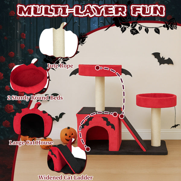 Gothic Cat Tree – Halloween Cat Tower with Condo, Perches, Spider Toy & Scratching Posts (Red & Black)