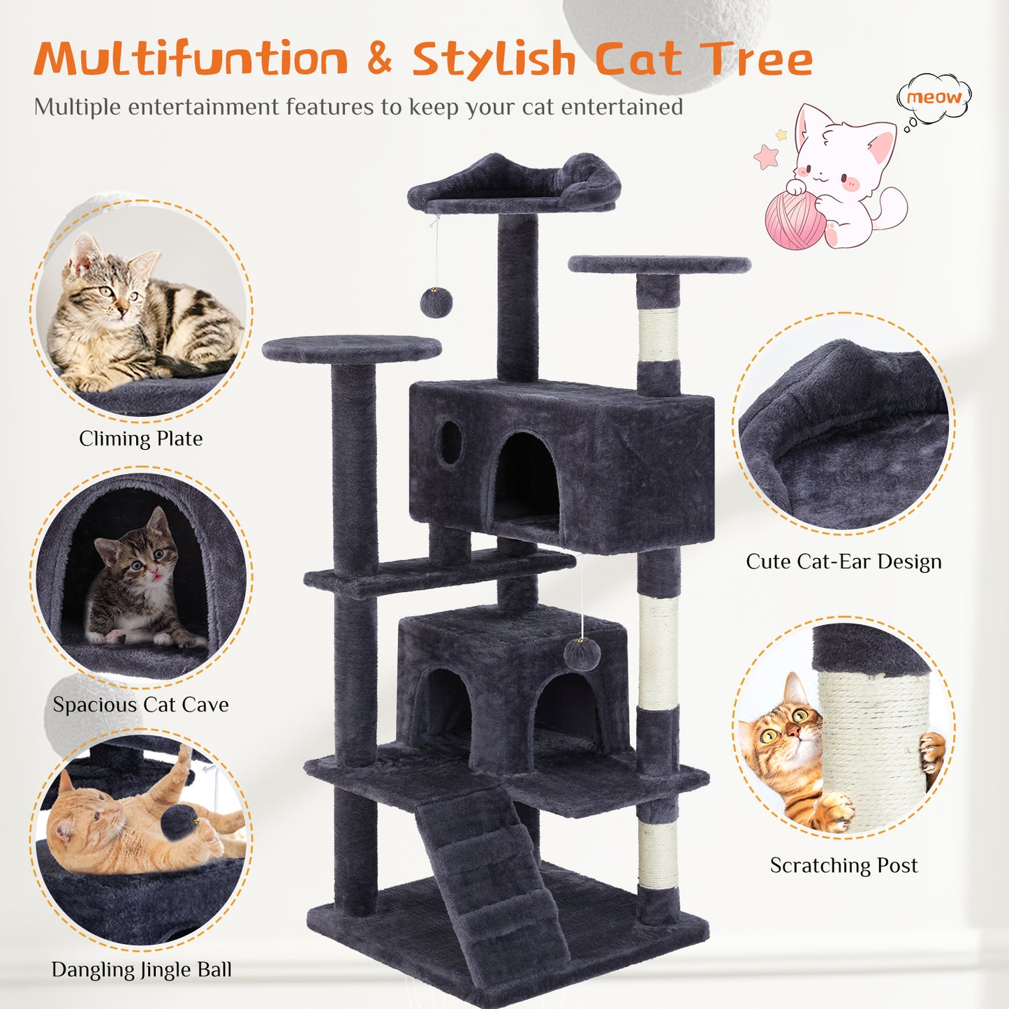 Multi-Functional Cat Treehouse – Cat Climbing Frame with Condo, Perches & Scratching Posts