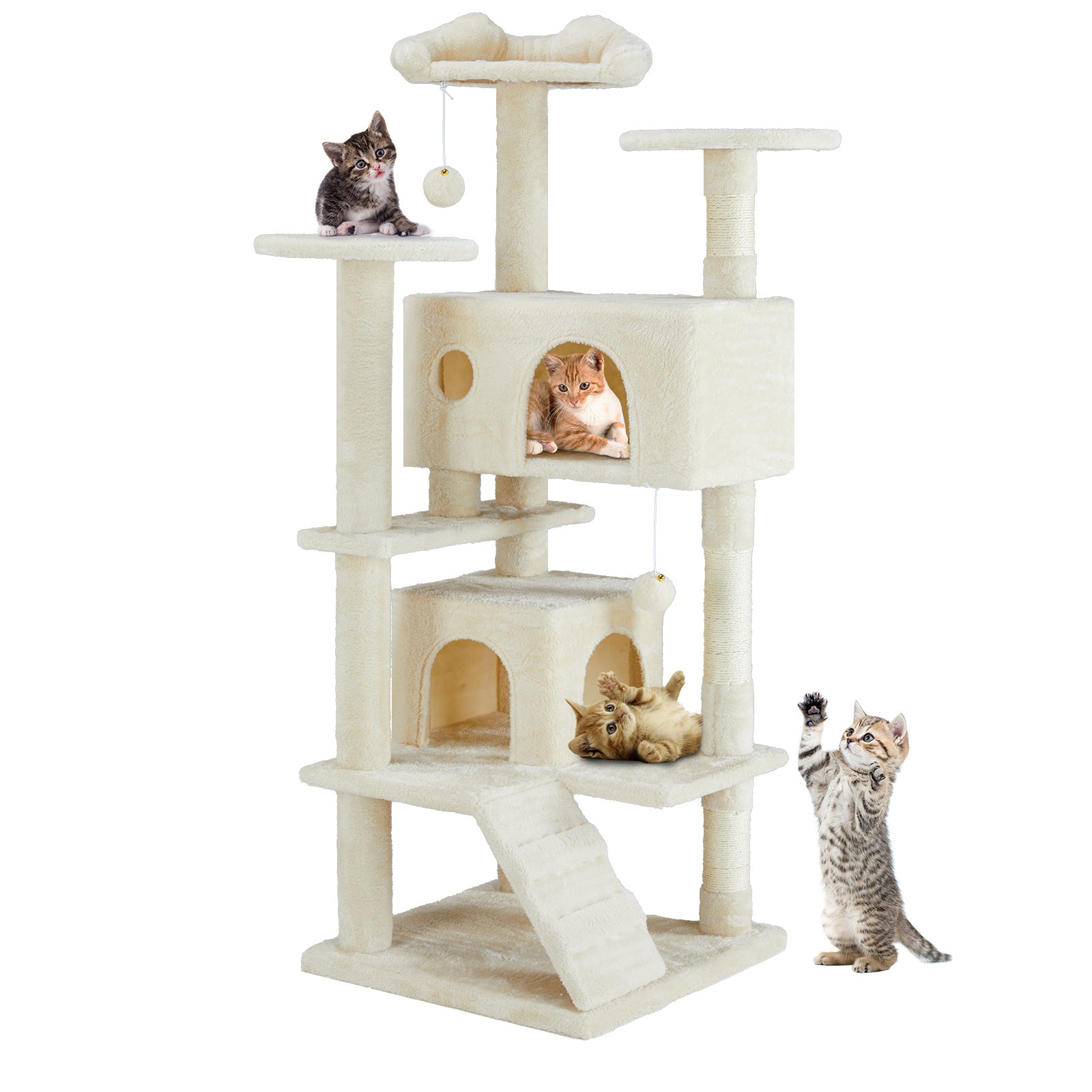 Multi-Functional Cat Treehouse – Cat Climbing Frame with Condo, Perches & Scratching Posts Beige