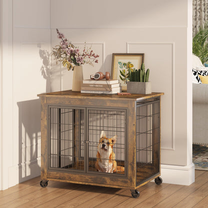 Furniture Style Dog Crate Side Table on Wheels with Double Doors and Lift Top. Rustic Brown, 31.50'' W x 22.05'' D x 25'' H. - Adalonia