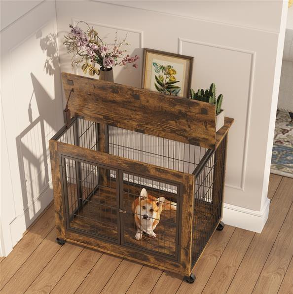 Furniture Style Dog Crate Side Table on Wheels with Double Doors and Lift Top. Rustic Brown, 31.50'' W x 22.05'' D x 25'' H. - Adalonia