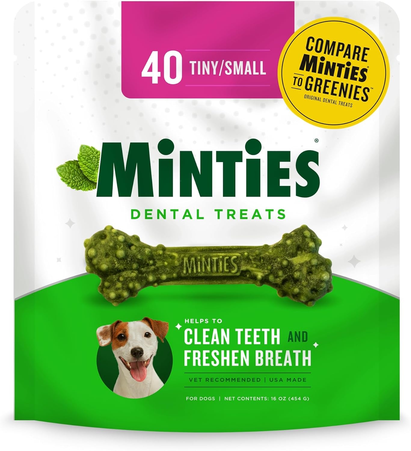 Minties Dental Chews for Dogs, Vet-Recommended Mint-Flavored Dental Treats for Tiny/Small Dogs 5-24 Lbs