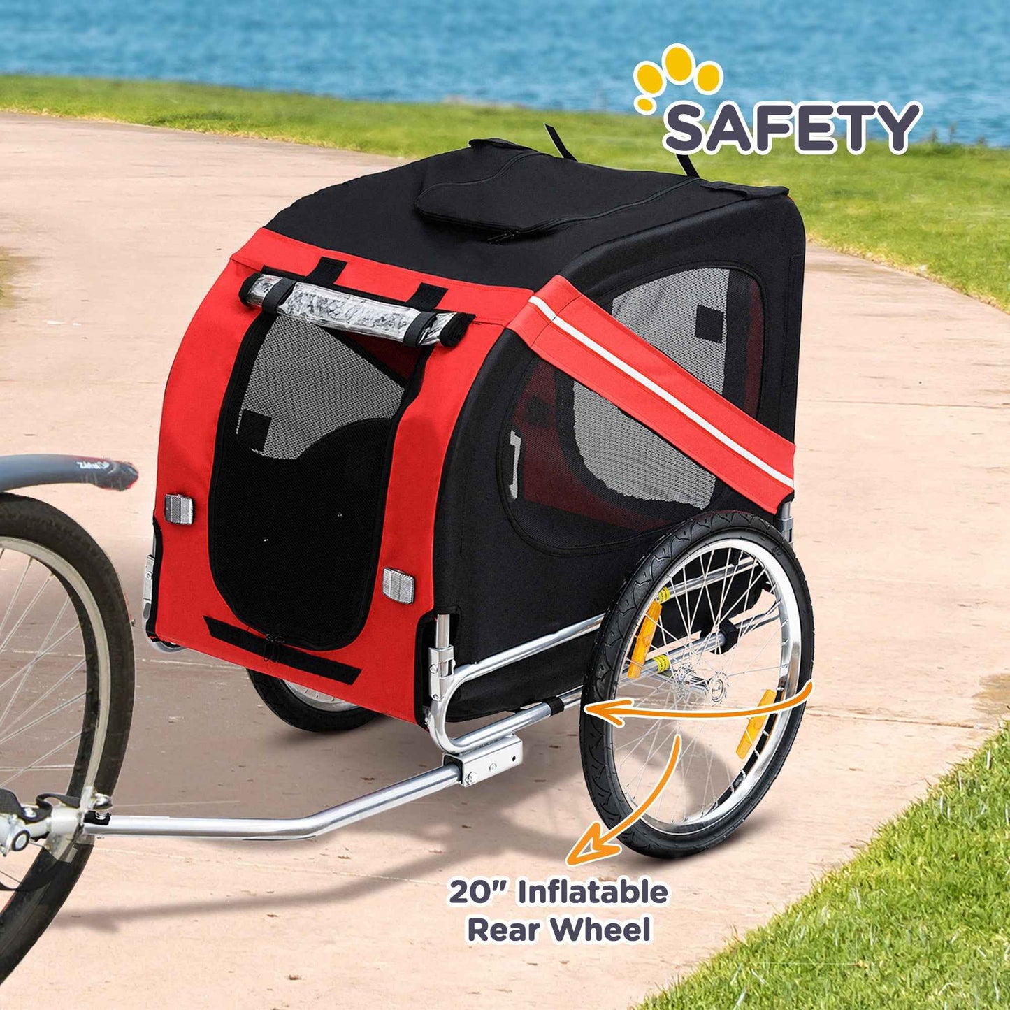 Dog Bike Trailer – Easy-Fold Pet Cart with Large Wheels, Mesh Windows & 3 Entrances, For Dogs Up to 44 lbs – Red & Black