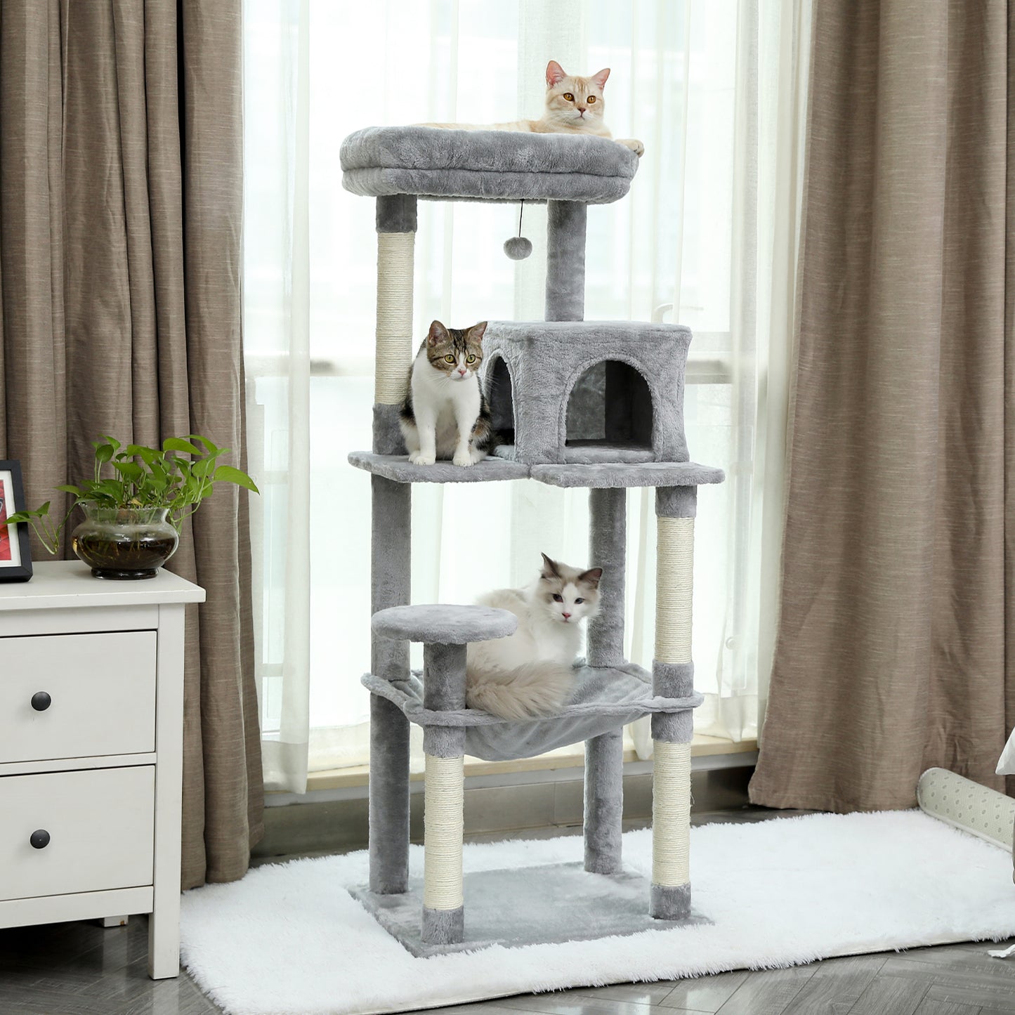 Luxury Cat Tree Tower with Sisal Scratching Post, Cozy Condo, Top Perch, Hammock & Dangling Ball