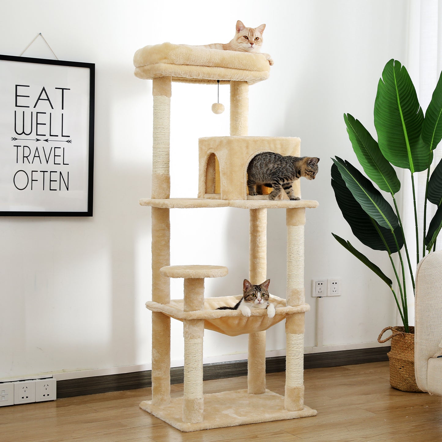 Luxury Cat Tree Tower with Sisal Scratching Post, Cozy Condo, Top Perch, Hammock & Dangling Ball