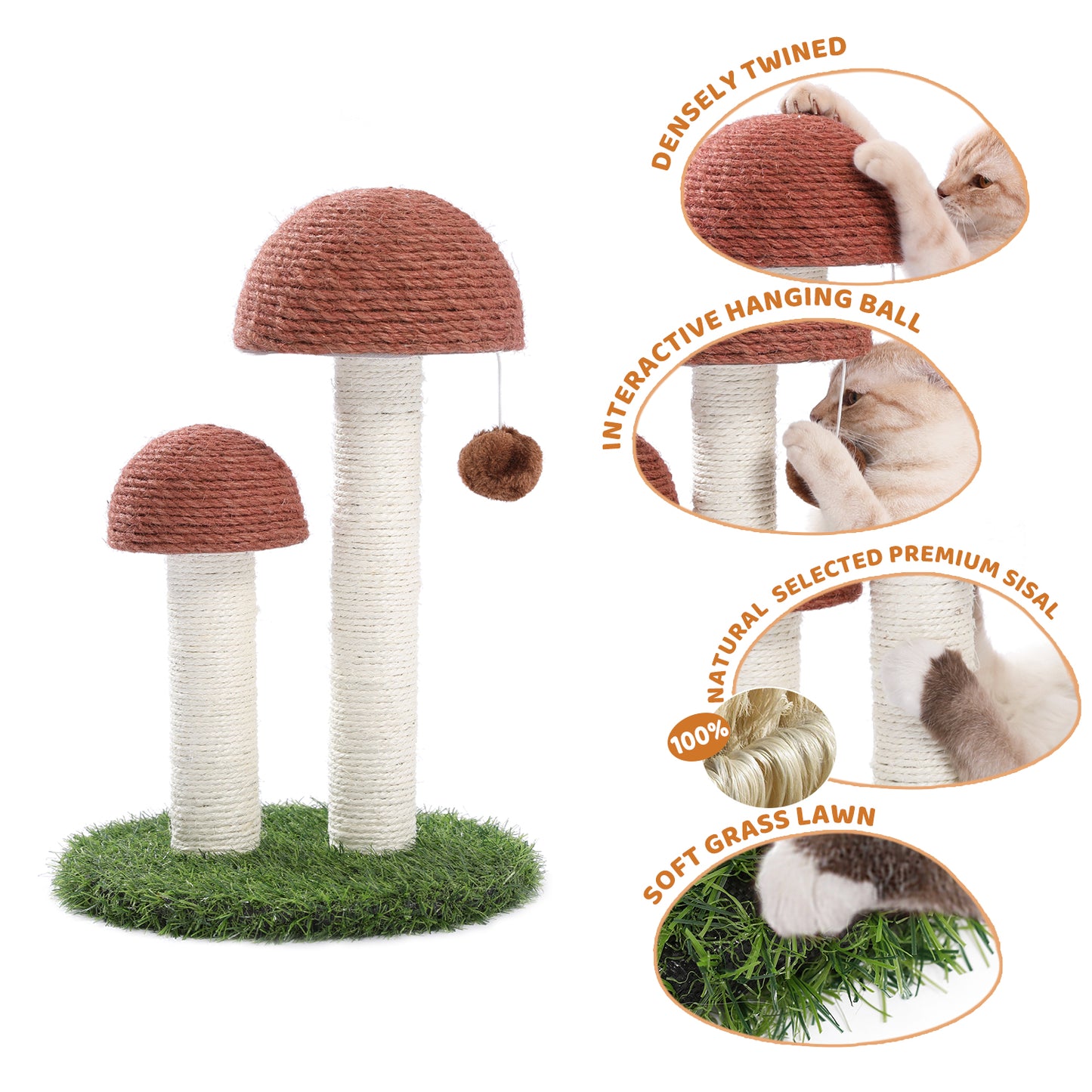 Cat Scratching Post Mushroom Claw Scratcher with Natural Sisal Ropes Interactive Dangling Ball for Kittens and Small Cats