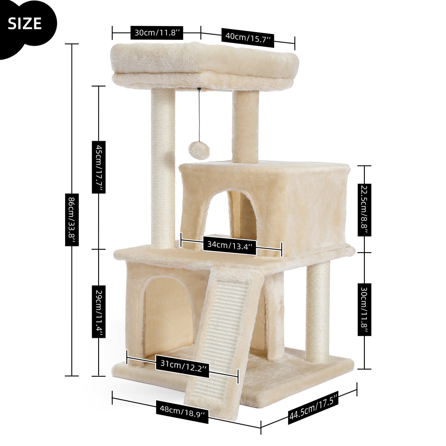 Modern Small Cat Tree Tower With Double Condos Spacious Perch Sisal Scratching Posts, Climbing Ladder and Replaceable Dangling Balls. Beige