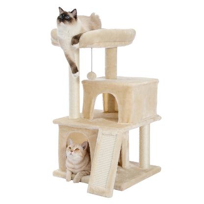 Modern Small Cat Tree Tower With Double Condos Spacious Perch Sisal Scratching Posts, Climbing Ladder and Replaceable Dangling Balls. Beige