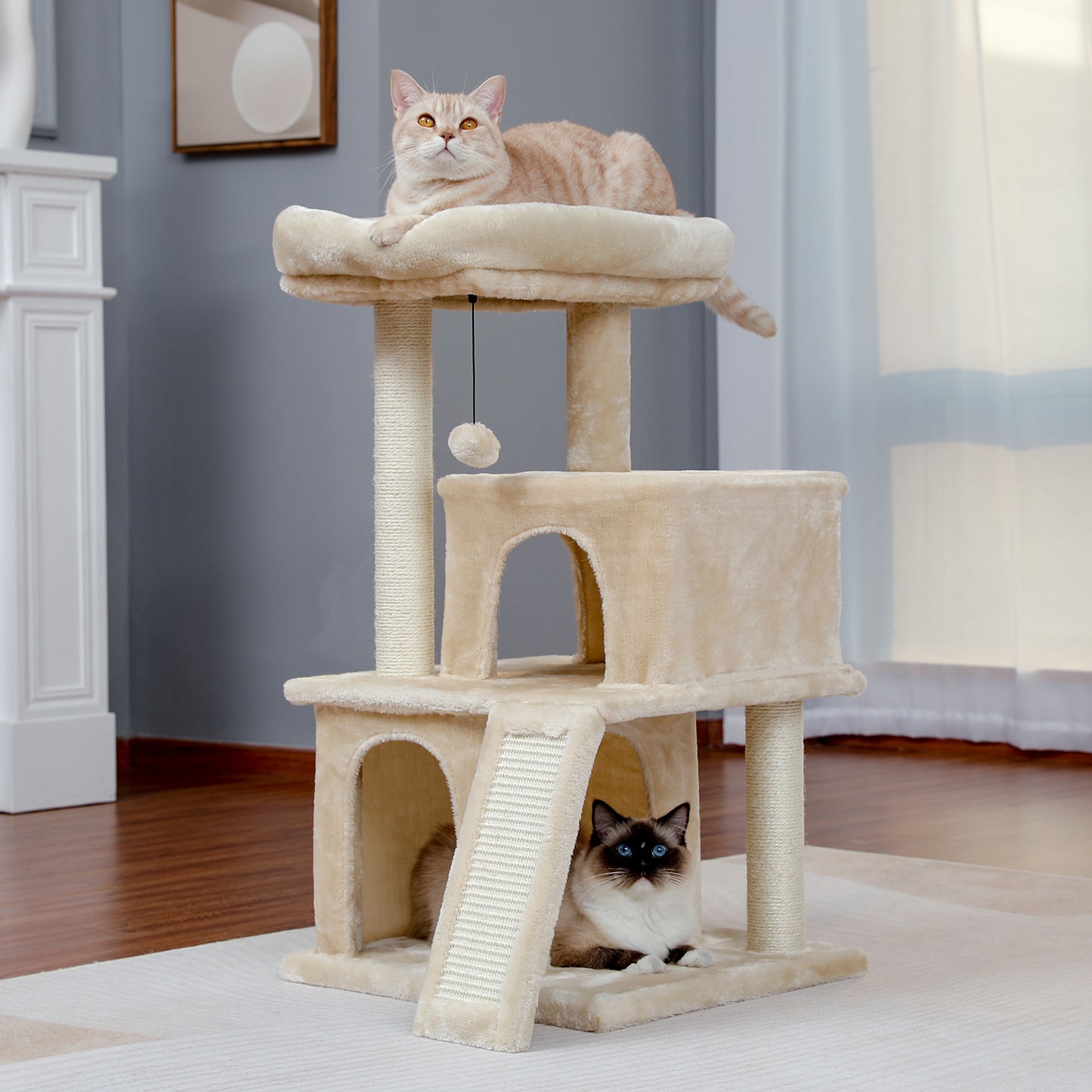 Modern Small Cat Tree Tower With Double Condos Spacious Perch Sisal Scratching Posts, Climbing Ladder and Replaceable Dangling Balls. Beige