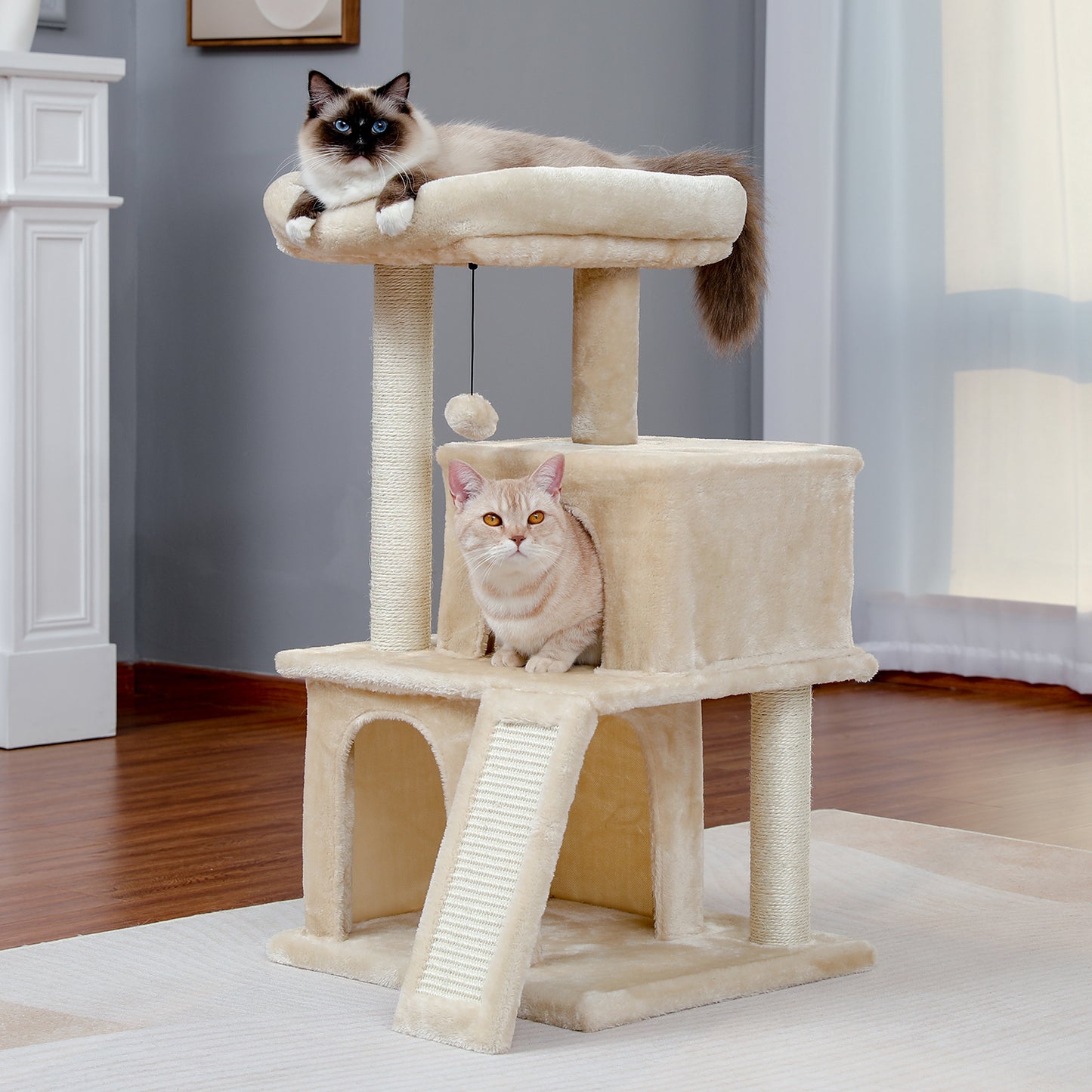 Modern Small Cat Tree Tower With Double Condos Spacious Perch Sisal Scratching Posts, Climbing Ladder and Replaceable Dangling Balls. Beige