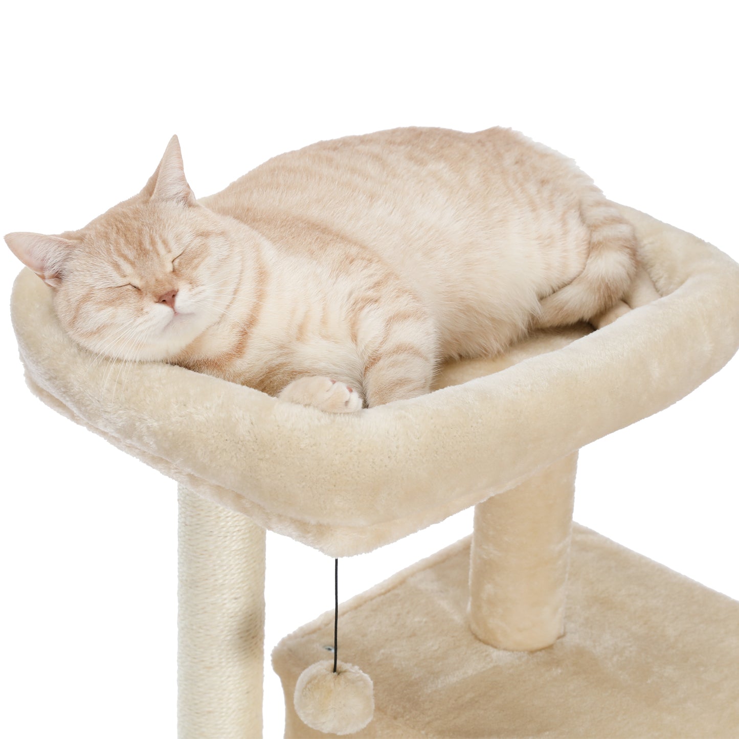 Modern Small Cat Tree Tower With Double Condos Spacious Perch Sisal Scratching Posts, Climbing Ladder and Replaceable Dangling Balls. Beige