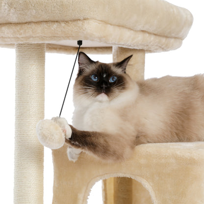 Modern Small Cat Tree Tower With Double Condos Spacious Perch Sisal Scratching Posts, Climbing Ladder and Replaceable Dangling Balls. Beige