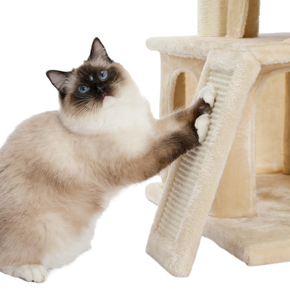 Modern Small Cat Tree Tower With Double Condos Spacious Perch Sisal Scratching Posts, Climbing Ladder and Replaceable Dangling Balls. Beige