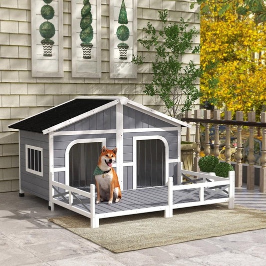 Dog House, Solid fir wood construction - Gray, White - Adalonia