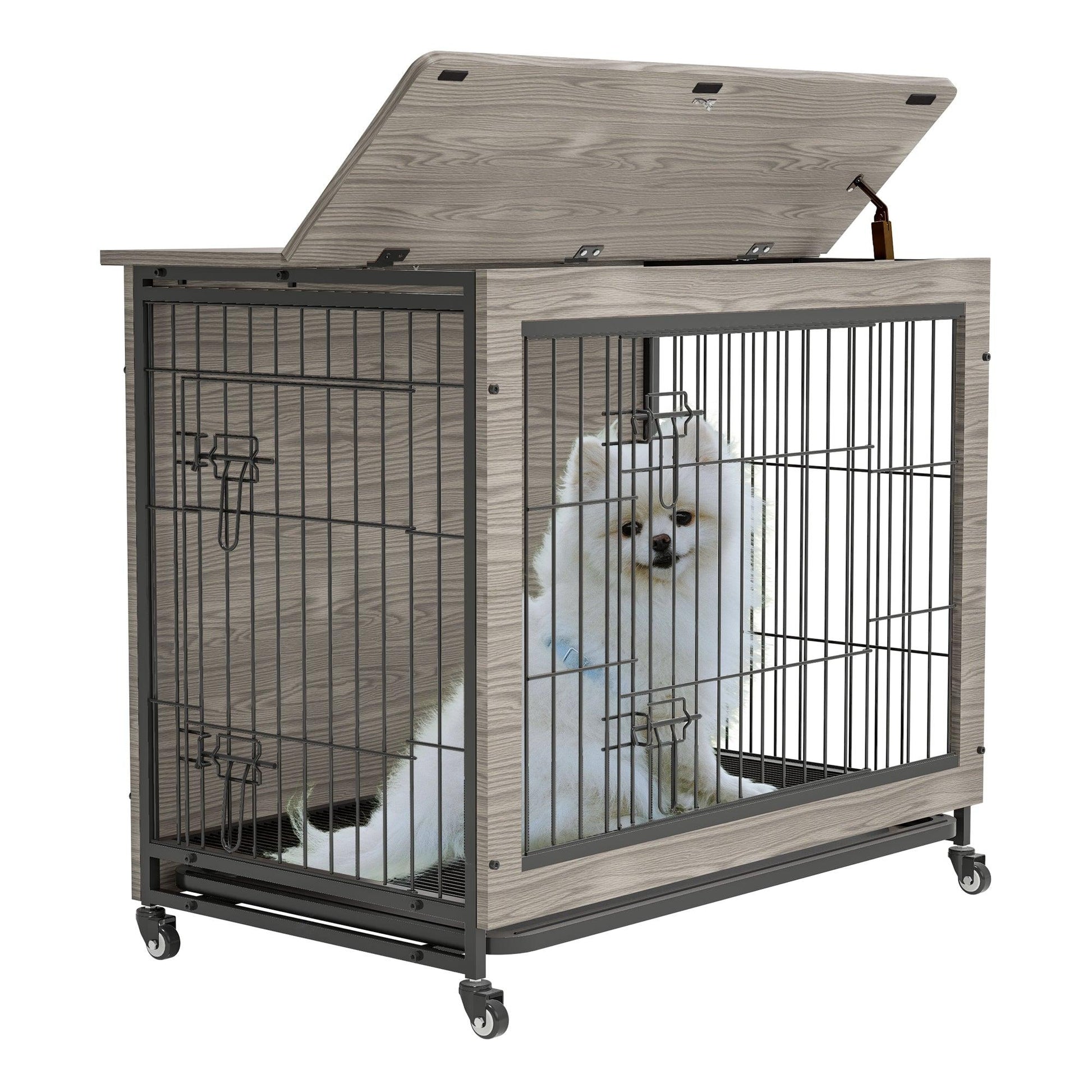 Furniture Style Dog Crate Side Table, 23 Inch, Gray - Brown - Adalonia