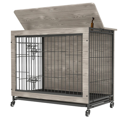 Furniture Style Dog Crate Side Table, 23 Inch, Gray - Brown - Adalonia