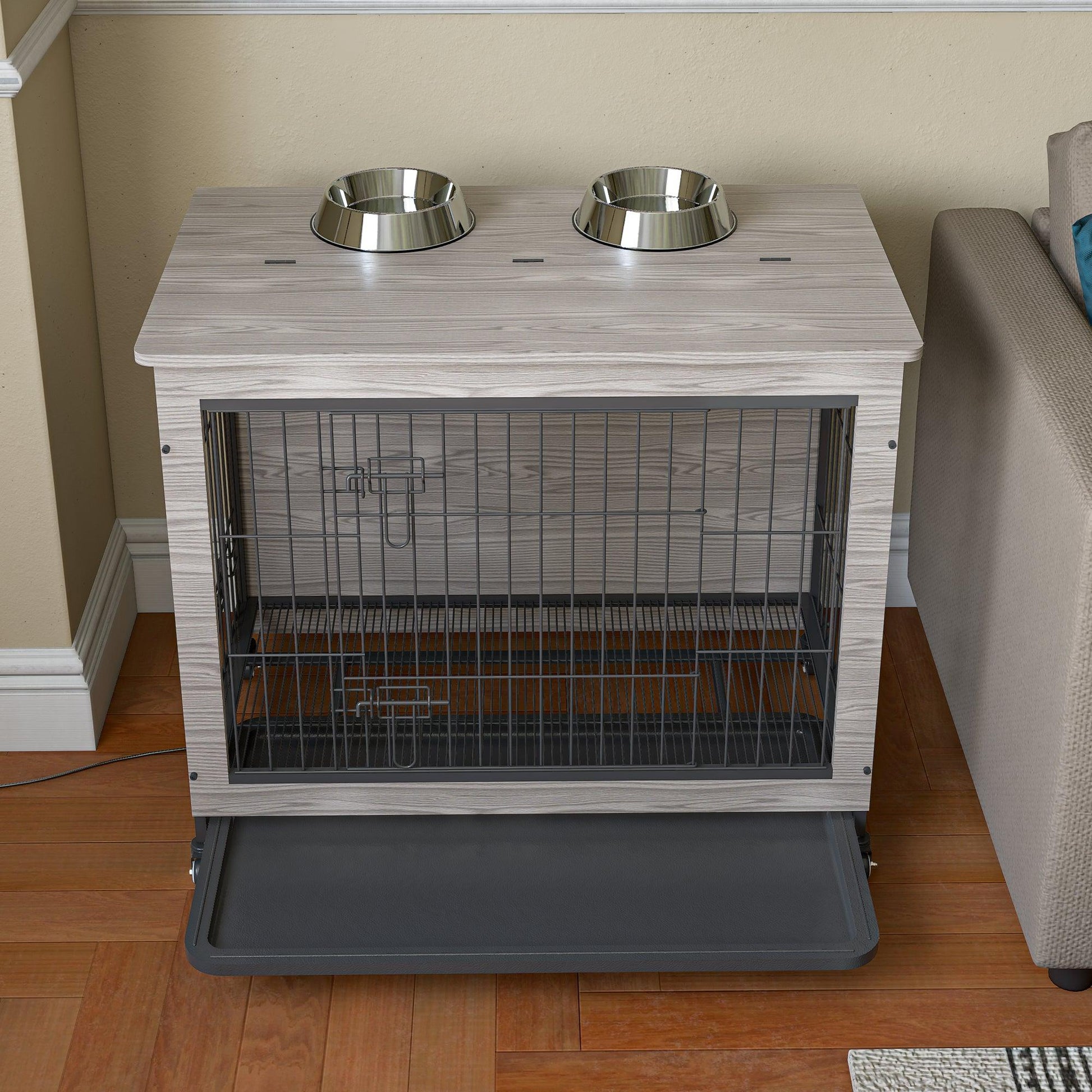 Furniture Style Dog Crate Side Table, 23 Inch, Gray - Brown - Adalonia