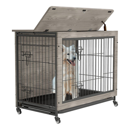 Furniture Style Dog Crate Side Table, 38 Inch, Gray - Brown - Adalonia