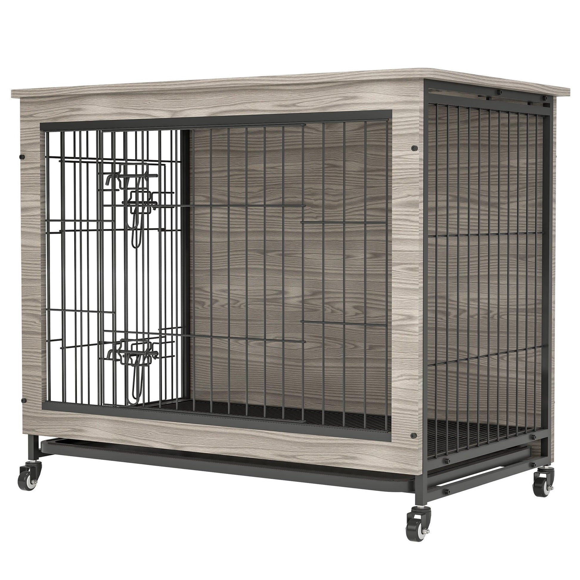 Furniture Style Dog Crate Side Table, 38 Inch, Gray - Brown - Adalonia