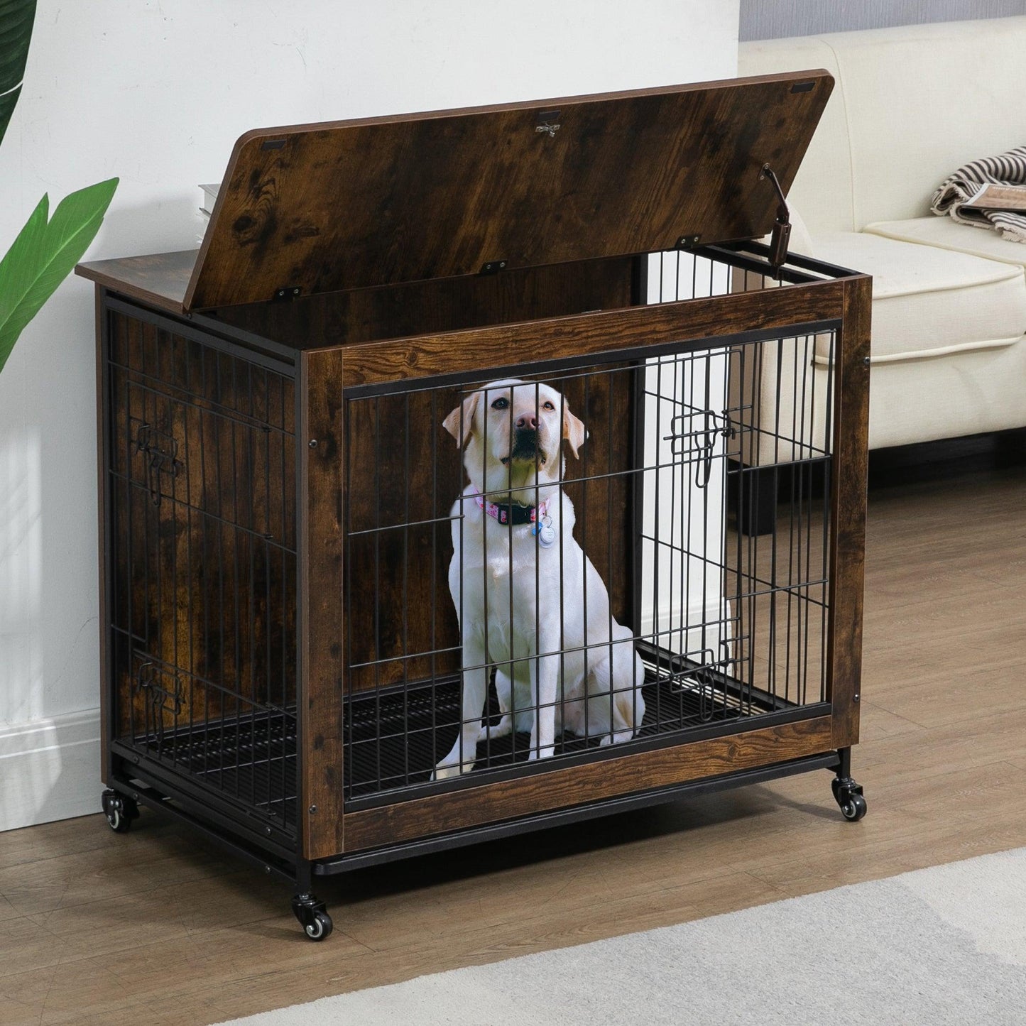 Furniture Style Dog Crate Side Table, 38 Inch, Gray - Brown - Adalonia