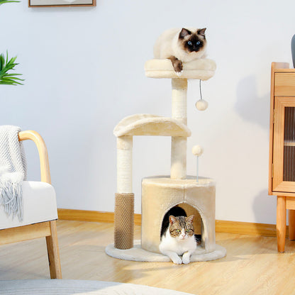 32.7-Inch Small Cat Tree for Indoor Cats – Medium Cat Tower with Interactive Toy, Self-Groomer Brush, Scratching Post & Dangling Balls.Beige