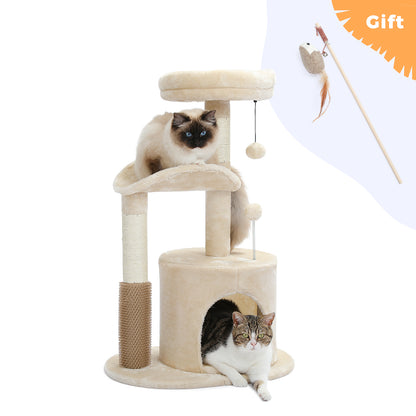 32.7-Inch Small Cat Tree for Indoor Cats – Medium Cat Tower with Interactive Toy, Self-Groomer Brush, Scratching Post & Dangling Balls.Beige