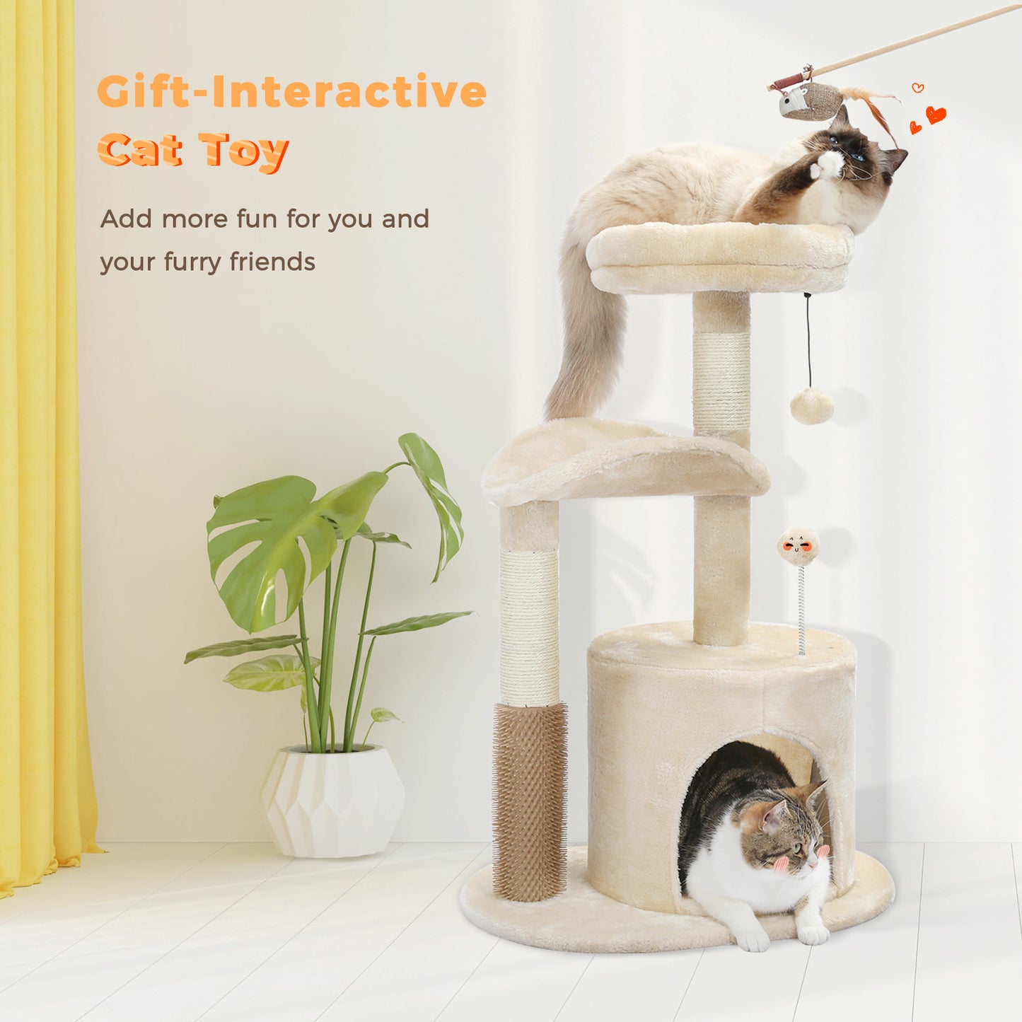 32.7-Inch Small Cat Tree for Indoor Cats – Medium Cat Tower with Interactive Toy, Self-Groomer Brush, Scratching Post & Dangling Balls.Beige