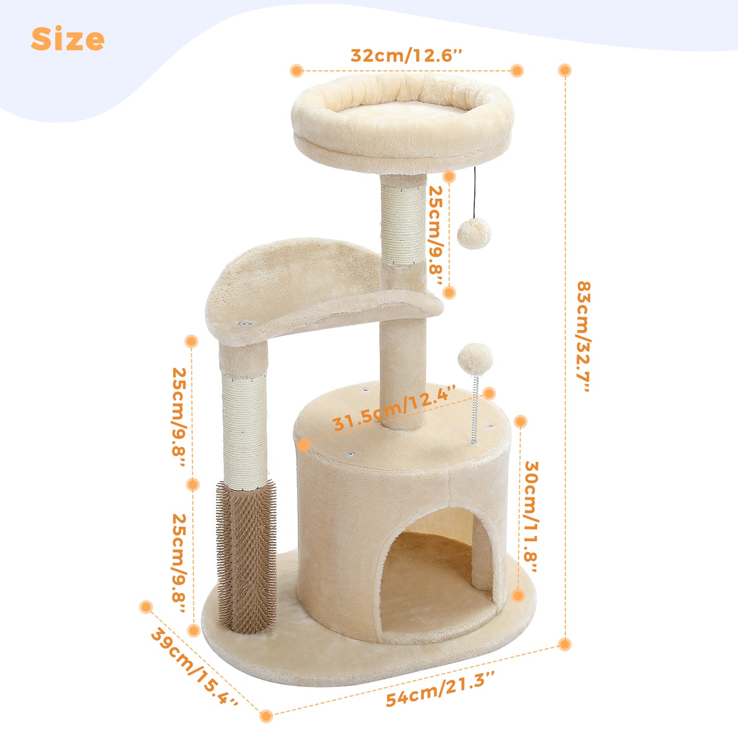 32.7-Inch Small Cat Tree for Indoor Cats – Medium Cat Tower with Interactive Toy, Self-Groomer Brush, Scratching Post & Dangling Balls.Beige