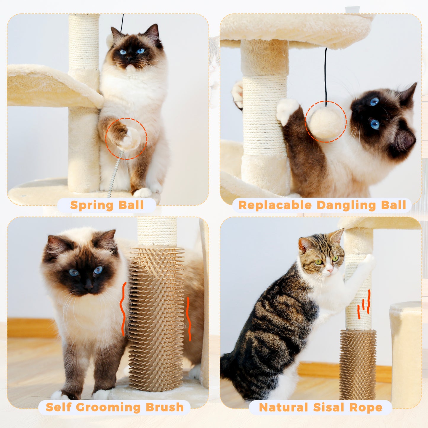 32.7-Inch Small Cat Tree for Indoor Cats – Medium Cat Tower with Interactive Toy, Self-Groomer Brush, Scratching Post & Dangling Balls.Beige