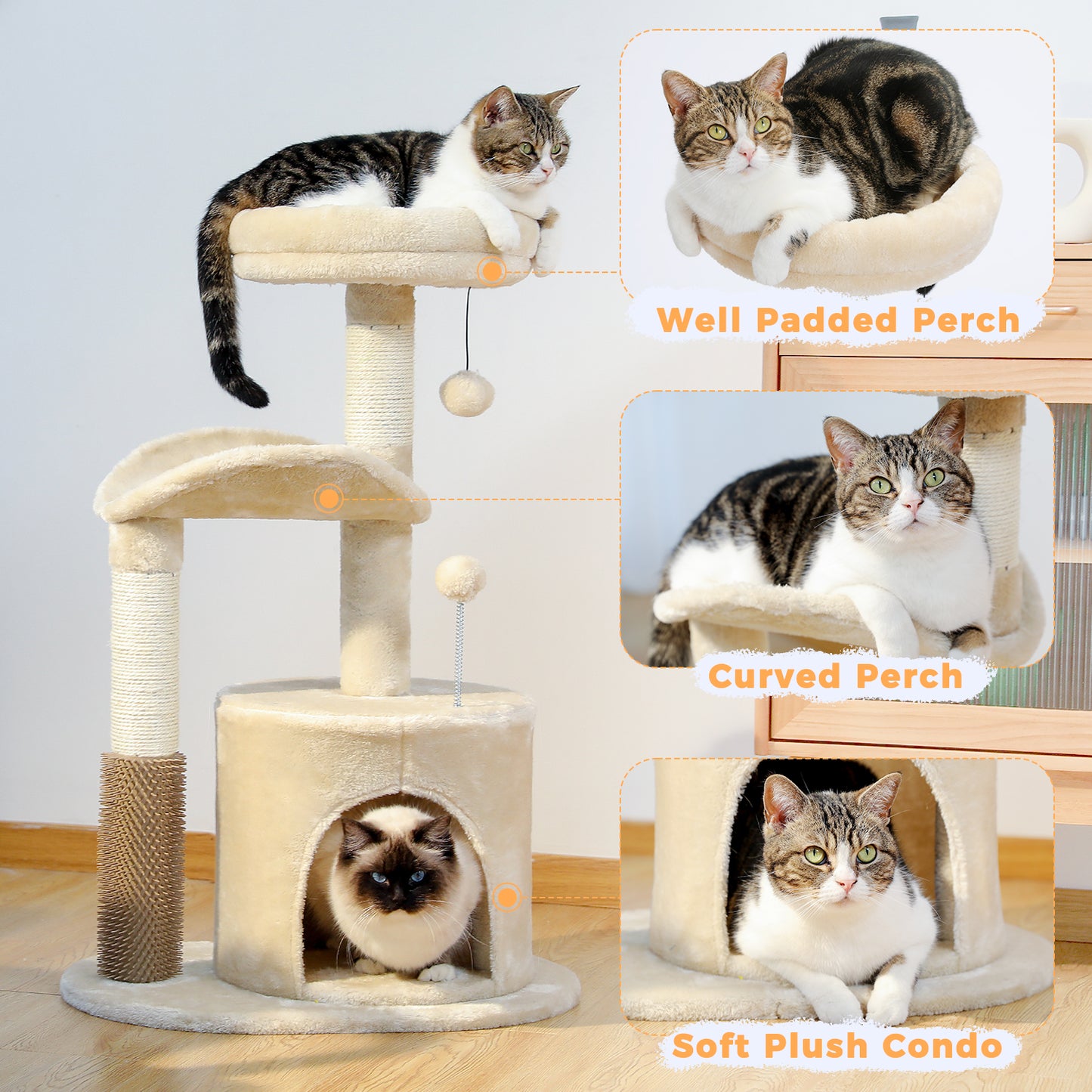 32.7-Inch Small Cat Tree for Indoor Cats – Medium Cat Tower with Interactive Toy, Self-Groomer Brush, Scratching Post & Dangling Balls.Beige