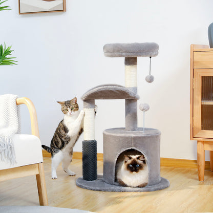 32.7-Inch Small Cat Tree for Indoor Cats – Medium Cat Tower with Interactive Toy, Self-Groomer Brush, Scratching Post & Dangling Balls.Gray