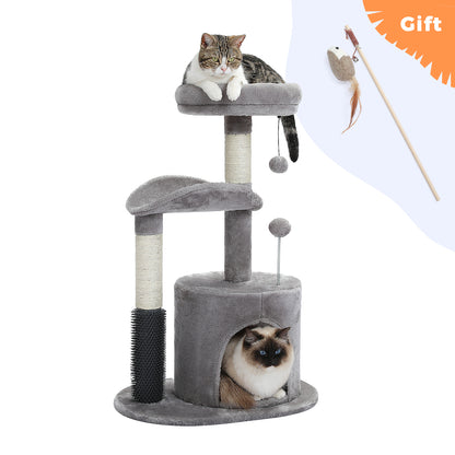 32.7-Inch Small Cat Tree for Indoor Cats – Medium Cat Tower with Interactive Toy, Self-Groomer Brush, Scratching Post & Dangling Balls.Gray