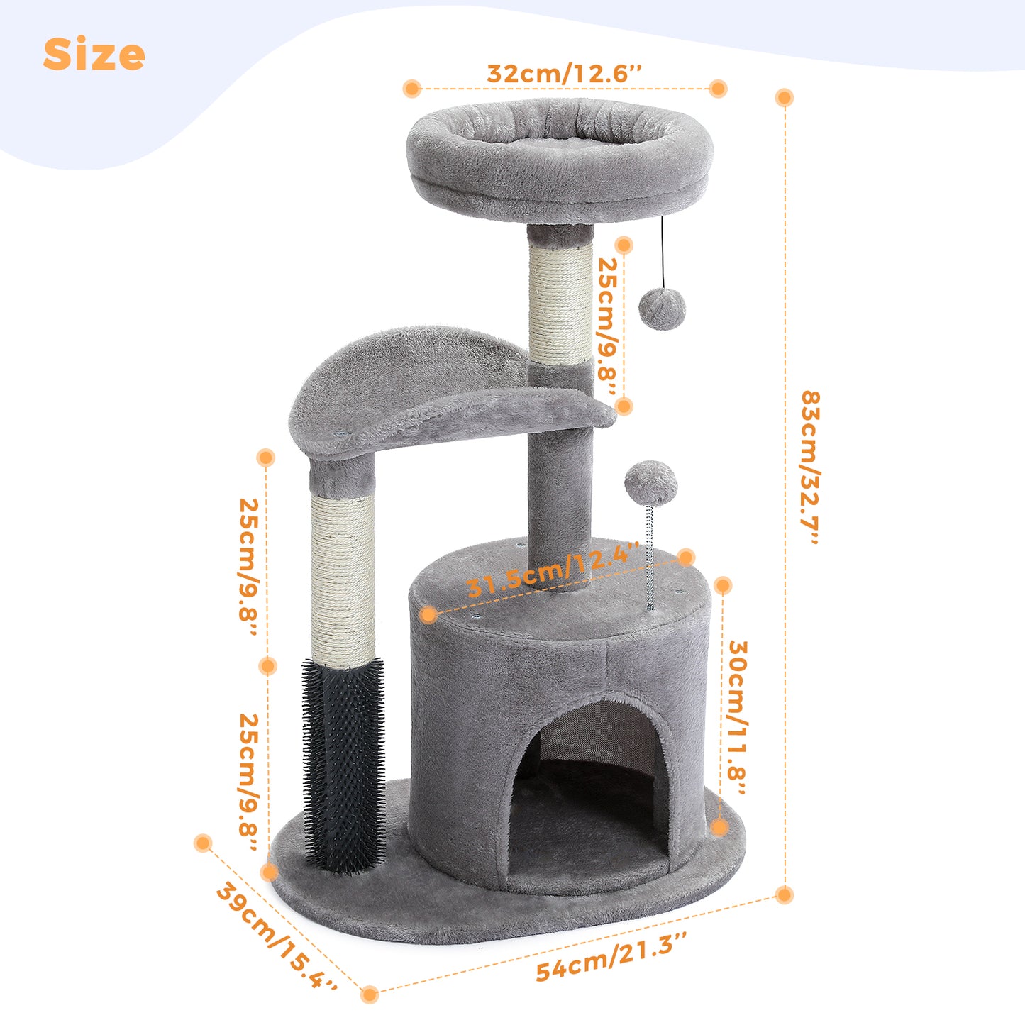 32.7-Inch Small Cat Tree for Indoor Cats – Medium Cat Tower with Interactive Toy, Self-Groomer Brush, Scratching Post & Dangling Balls.Gray