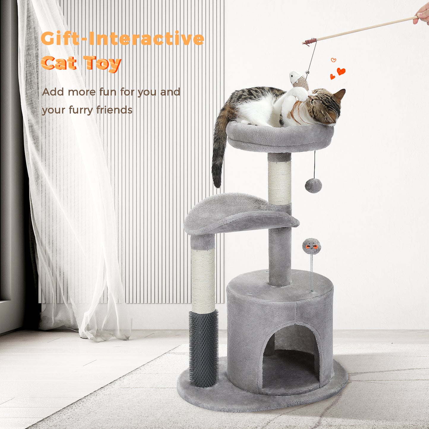 32.7-Inch Small Cat Tree for Indoor Cats – Medium Cat Tower with Interactive Toy, Self-Groomer Brush, Scratching Post & Dangling Balls.Gray