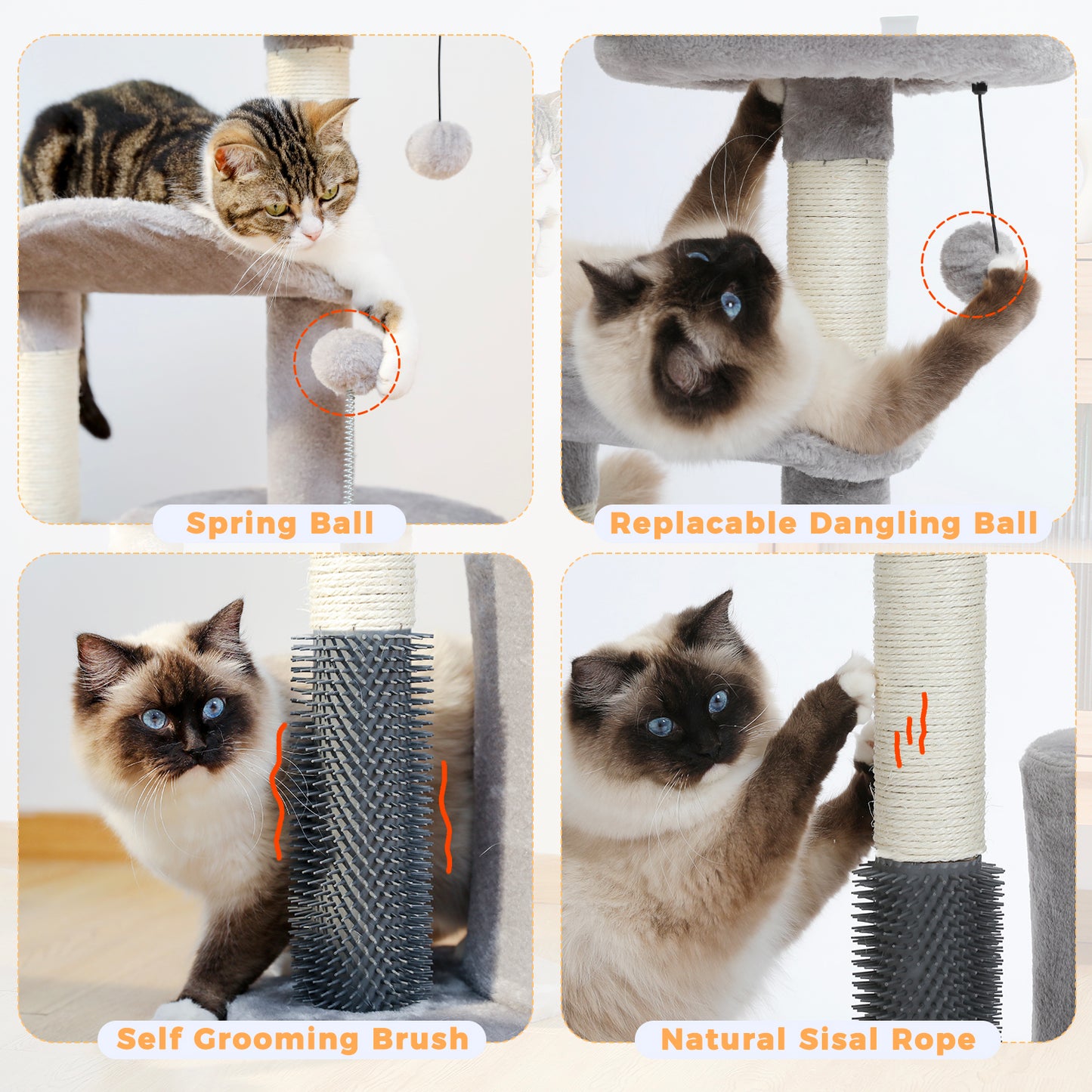 32.7-Inch Small Cat Tree for Indoor Cats – Medium Cat Tower with Interactive Toy, Self-Groomer Brush, Scratching Post & Dangling Balls.Gray