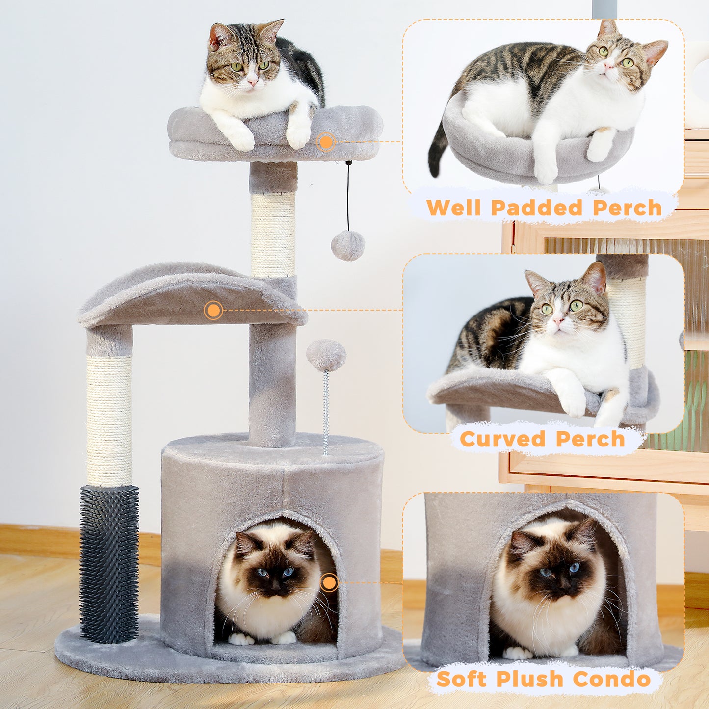 32.7-Inch Small Cat Tree for Indoor Cats – Medium Cat Tower with Interactive Toy, Self-Groomer Brush, Scratching Post & Dangling Balls.Gray