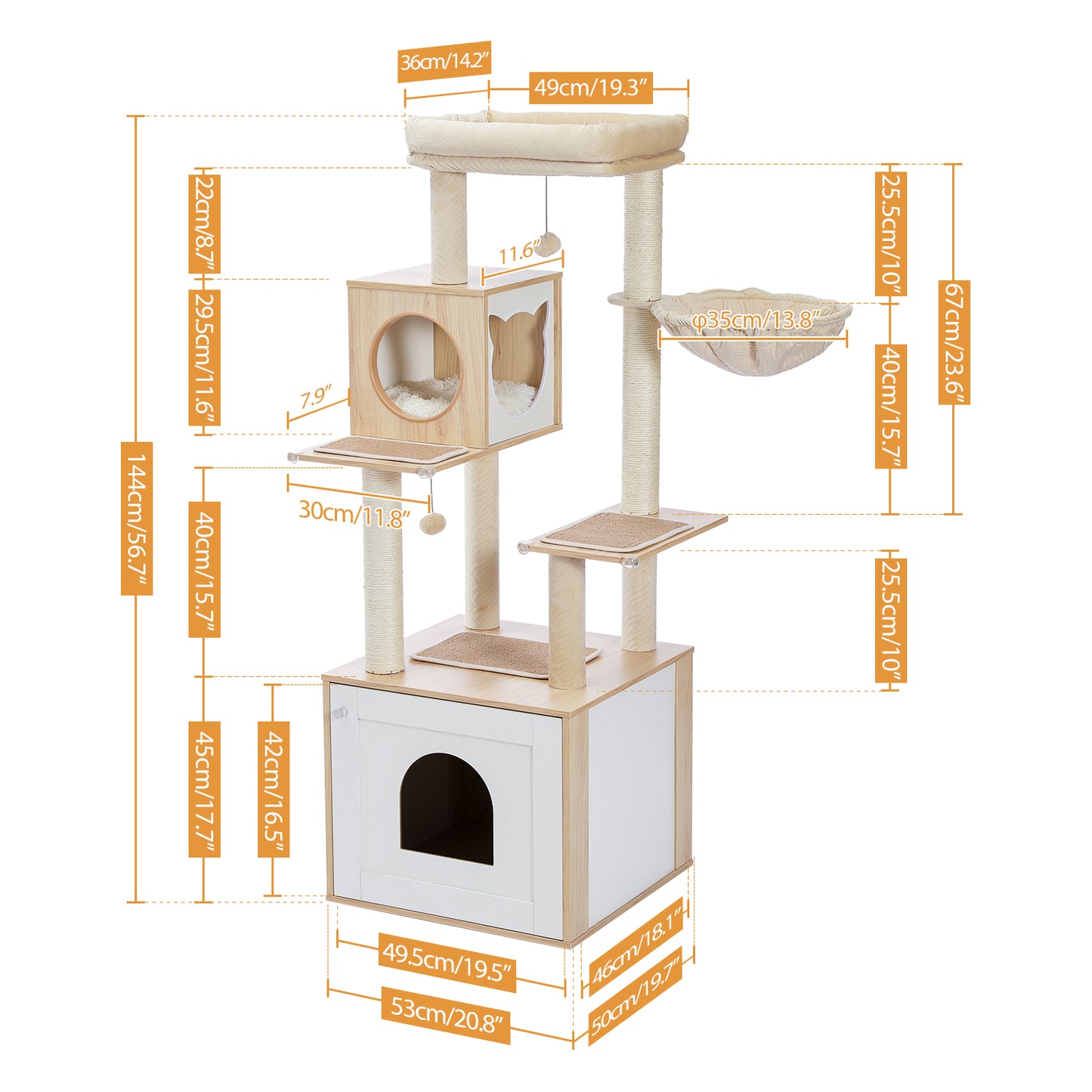 56.7" Cat Tree with Litter Box, Storage Cabinet, Cozy Cat Condo, Sisal Covered Scratching Post and Repalcable Dangling Balls, Beige