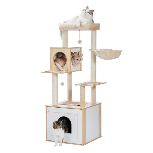 56.7" Cat Tree with Litter Box, Storage Cabinet, Cozy Cat Condo, Sisal Covered Scratching Post and Repalcable Dangling Balls, Beige