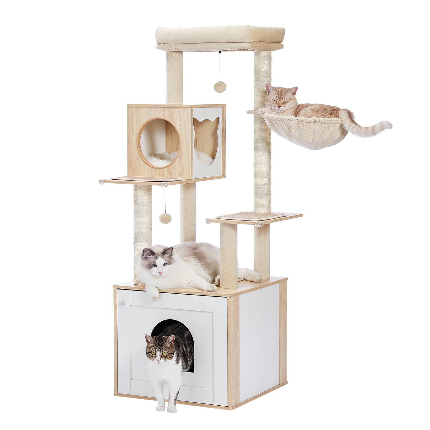 56.7" Cat Tree with Litter Box, Storage Cabinet, Cozy Cat Condo, Sisal Covered Scratching Post and Repalcable Dangling Balls, Beige