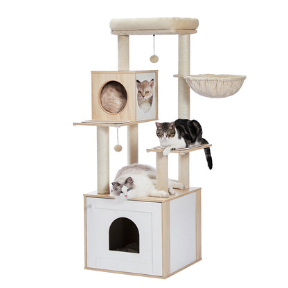 56.7" Cat Tree with Litter Box, Storage Cabinet, Cozy Cat Condo, Sisal Covered Scratching Post and Repalcable Dangling Balls, Beige